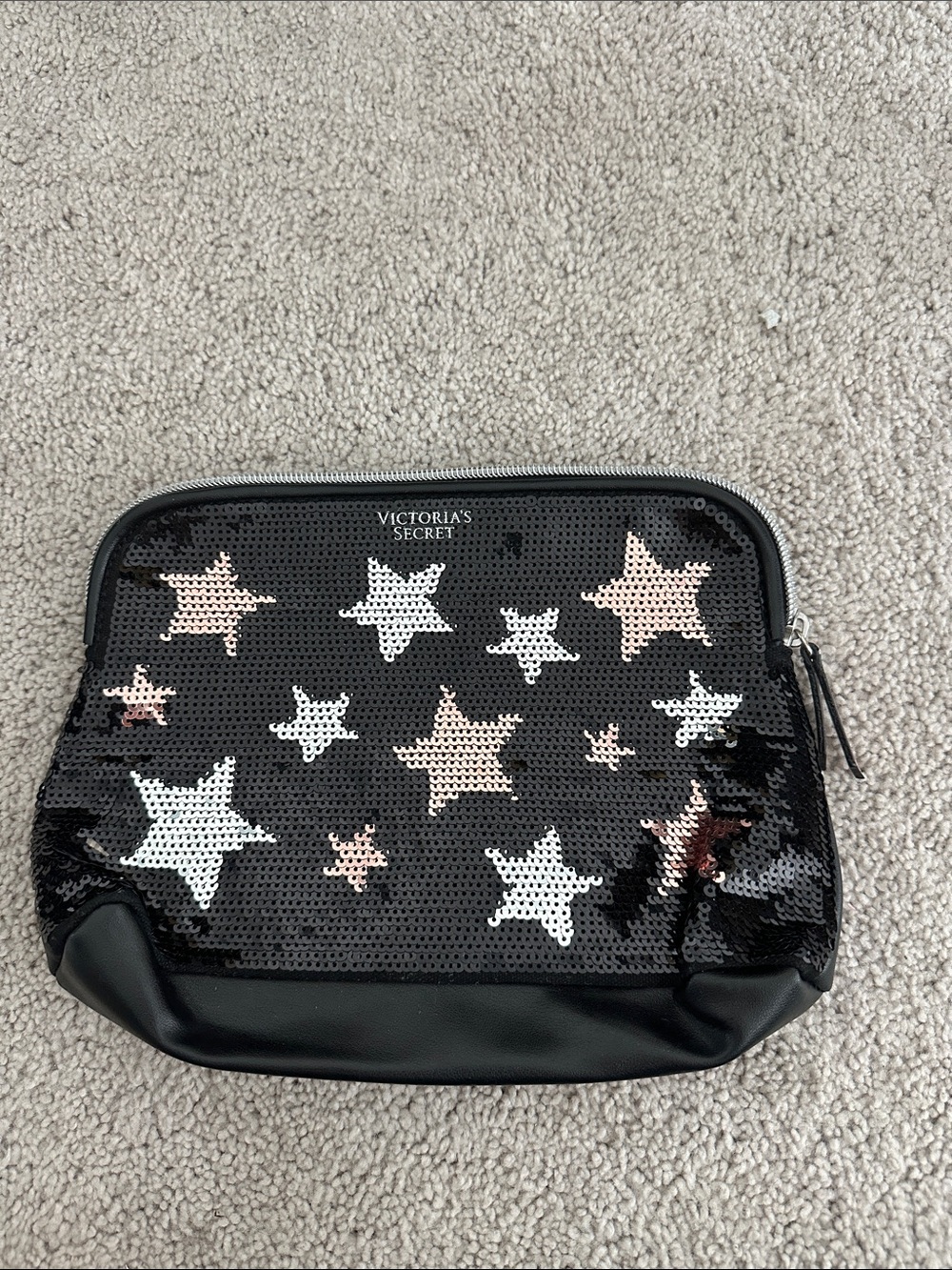 Victoria's Secret Black Sequin Star Cosmetic Bag with Pink & White Stars